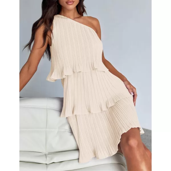 imageZESICA Womens 2024 Summer Sleeveless Mini Dress Boho One Shoulder Ruffle Tiered Layered Chiffon Flowy A Line DressesApricot