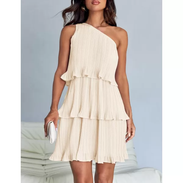 imageZESICA Womens 2024 Summer Sleeveless Mini Dress Boho One Shoulder Ruffle Tiered Layered Chiffon Flowy A Line DressesApricot