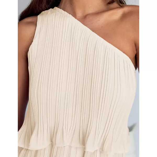imageZESICA Womens 2024 Summer Sleeveless Mini Dress Boho One Shoulder Ruffle Tiered Layered Chiffon Flowy A Line DressesApricot