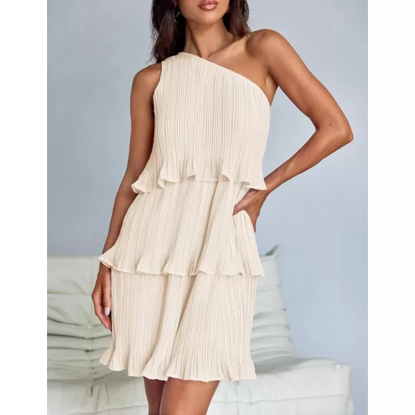 imageZESICA Womens 2024 Summer Sleeveless Mini Dress Boho One Shoulder Ruffle Tiered Layered Chiffon Flowy A Line DressesApricot