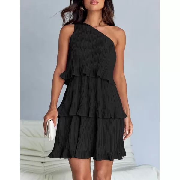 imageZESICA Womens 2024 Summer Sleeveless Mini Dress Boho One Shoulder Ruffle Tiered Layered Chiffon Flowy A Line DressesDarkblack