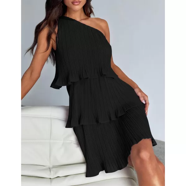 imageZESICA Womens 2024 Summer Sleeveless Mini Dress Boho One Shoulder Ruffle Tiered Layered Chiffon Flowy A Line DressesDarkblack