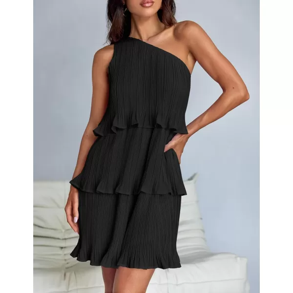 imageZESICA Womens 2024 Summer Sleeveless Mini Dress Boho One Shoulder Ruffle Tiered Layered Chiffon Flowy A Line DressesDarkblack