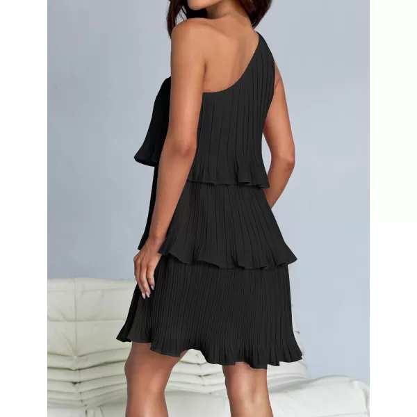 imageZESICA Womens 2024 Summer Sleeveless Mini Dress Boho One Shoulder Ruffle Tiered Layered Chiffon Flowy A Line DressesDarkblack