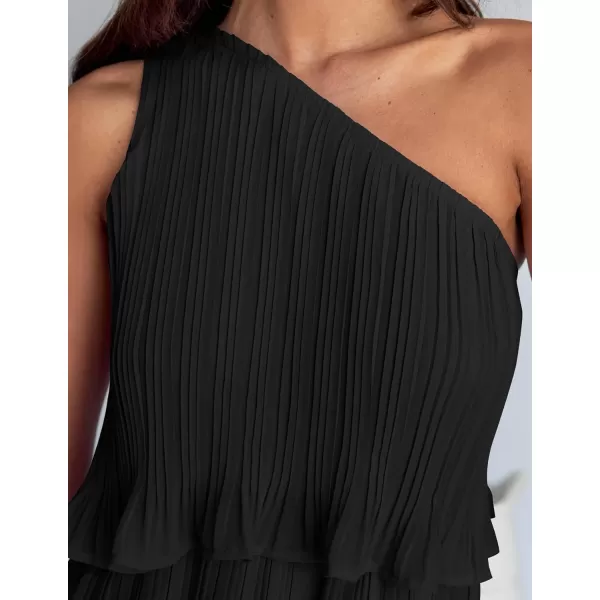 imageZESICA Womens 2024 Summer Sleeveless Mini Dress Boho One Shoulder Ruffle Tiered Layered Chiffon Flowy A Line DressesDarkblack