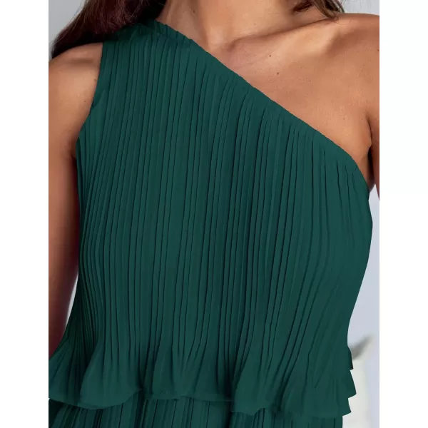 imageZESICA Womens 2024 Summer Sleeveless Mini Dress Boho One Shoulder Ruffle Tiered Layered Chiffon Flowy A Line DressesDarkgreen