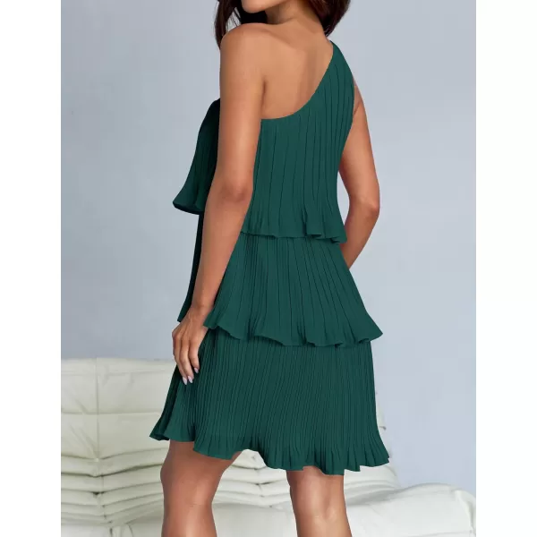imageZESICA Womens 2024 Summer Sleeveless Mini Dress Boho One Shoulder Ruffle Tiered Layered Chiffon Flowy A Line DressesDarkgreen