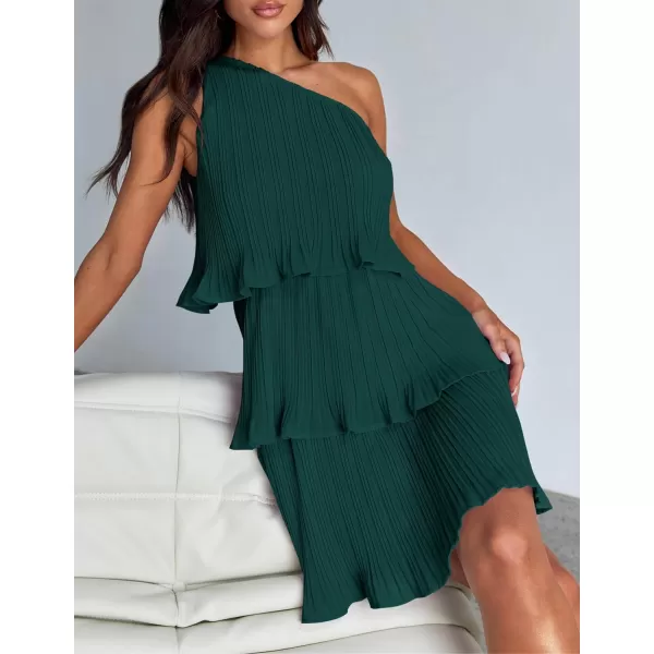 imageZESICA Womens 2024 Summer Sleeveless Mini Dress Boho One Shoulder Ruffle Tiered Layered Chiffon Flowy A Line DressesDarkgreen