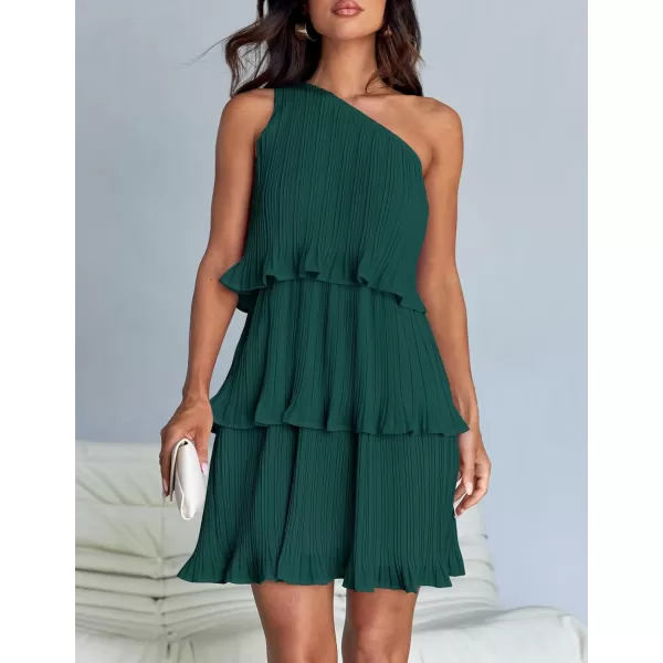 imageZESICA Womens 2024 Summer Sleeveless Mini Dress Boho One Shoulder Ruffle Tiered Layered Chiffon Flowy A Line DressesDarkgreen