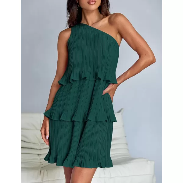 imageZESICA Womens 2024 Summer Sleeveless Mini Dress Boho One Shoulder Ruffle Tiered Layered Chiffon Flowy A Line DressesDarkgreen