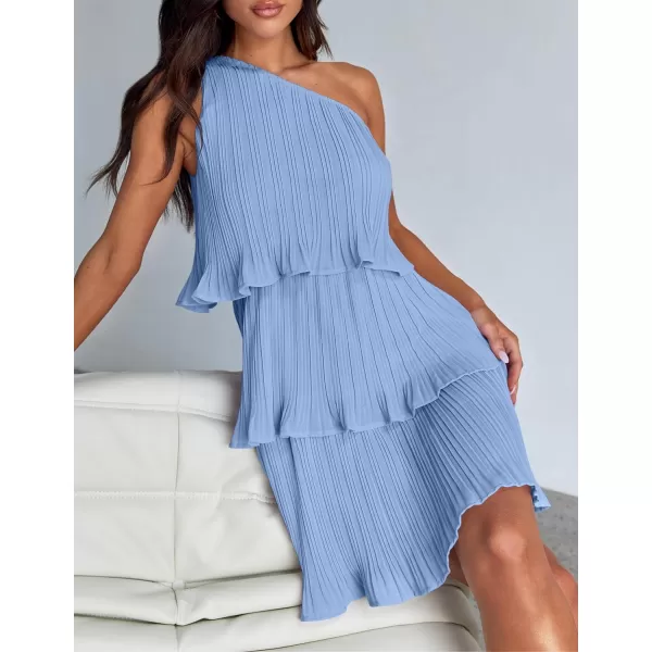 imageZESICA Womens 2024 Summer Sleeveless Mini Dress Boho One Shoulder Ruffle Tiered Layered Chiffon Flowy A Line DressesLightblue