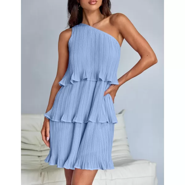 imageZESICA Womens 2024 Summer Sleeveless Mini Dress Boho One Shoulder Ruffle Tiered Layered Chiffon Flowy A Line DressesLightblue