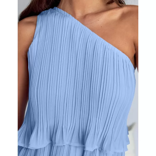 imageZESICA Womens 2024 Summer Sleeveless Mini Dress Boho One Shoulder Ruffle Tiered Layered Chiffon Flowy A Line DressesLightblue