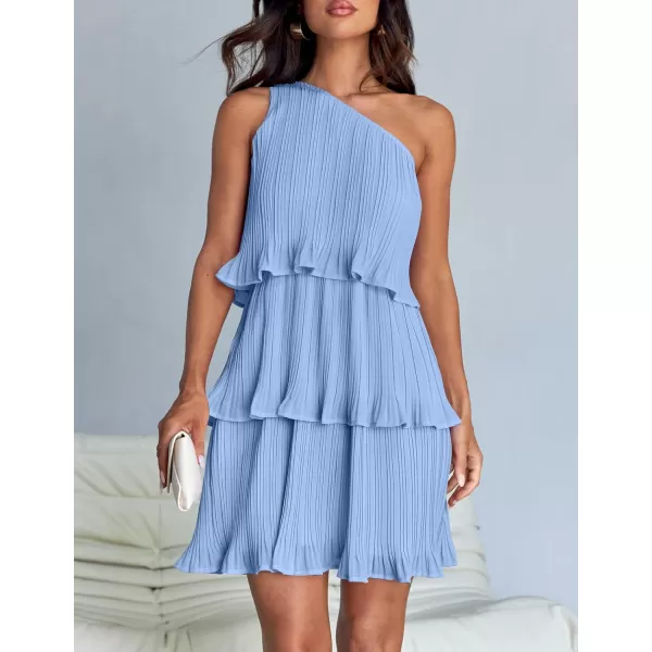 imageZESICA Womens 2024 Summer Sleeveless Mini Dress Boho One Shoulder Ruffle Tiered Layered Chiffon Flowy A Line DressesLightblue