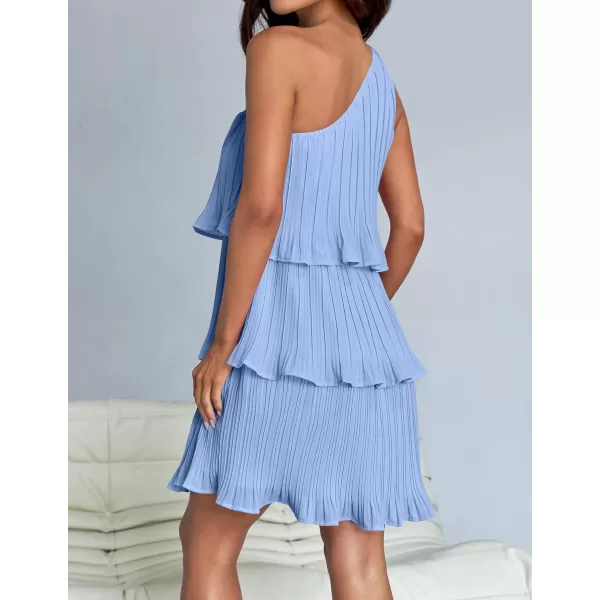 imageZESICA Womens 2024 Summer Sleeveless Mini Dress Boho One Shoulder Ruffle Tiered Layered Chiffon Flowy A Line DressesLightblue