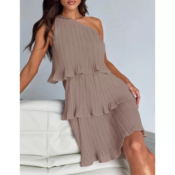 imageZESICA Womens 2024 Summer Sleeveless Mini Dress Boho One Shoulder Ruffle Tiered Layered Chiffon Flowy A Line DressesLightkhaki