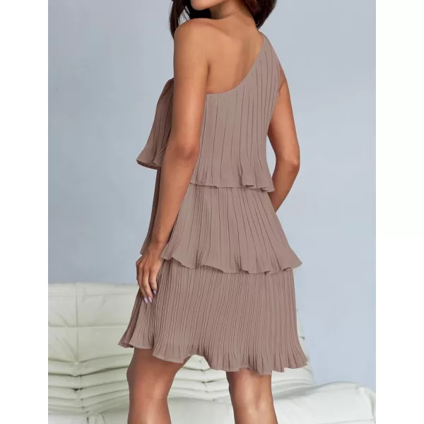 imageZESICA Womens 2024 Summer Sleeveless Mini Dress Boho One Shoulder Ruffle Tiered Layered Chiffon Flowy A Line DressesLightkhaki