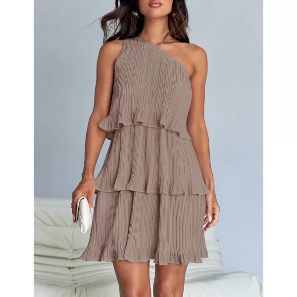 imageZESICA Womens 2024 Summer Sleeveless Mini Dress Boho One Shoulder Ruffle Tiered Layered Chiffon Flowy A Line DressesLightkhaki