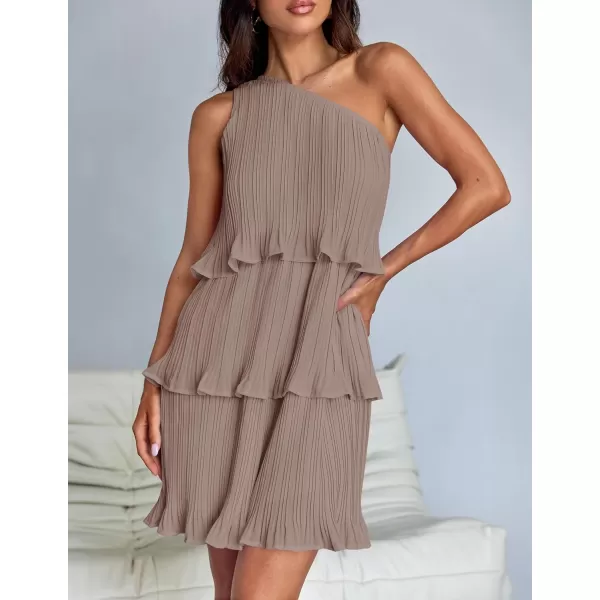 imageZESICA Womens 2024 Summer Sleeveless Mini Dress Boho One Shoulder Ruffle Tiered Layered Chiffon Flowy A Line DressesLightkhaki