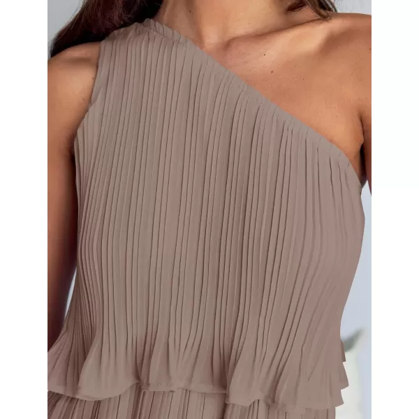 imageZESICA Womens 2024 Summer Sleeveless Mini Dress Boho One Shoulder Ruffle Tiered Layered Chiffon Flowy A Line DressesLightkhaki