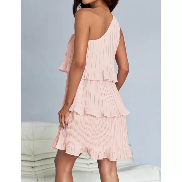 imageZESICA Womens 2024 Summer Sleeveless Mini Dress Boho One Shoulder Ruffle Tiered Layered Chiffon Flowy A Line DressesPink