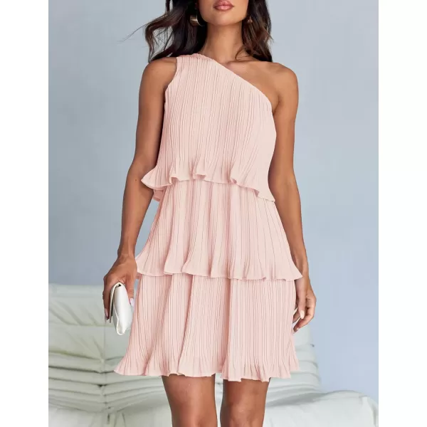 imageZESICA Womens 2024 Summer Sleeveless Mini Dress Boho One Shoulder Ruffle Tiered Layered Chiffon Flowy A Line DressesPink