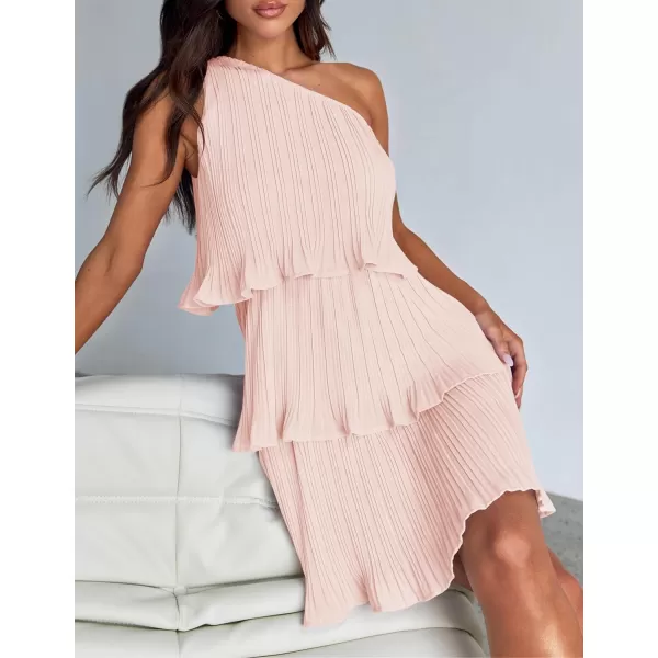 imageZESICA Womens 2024 Summer Sleeveless Mini Dress Boho One Shoulder Ruffle Tiered Layered Chiffon Flowy A Line DressesPink