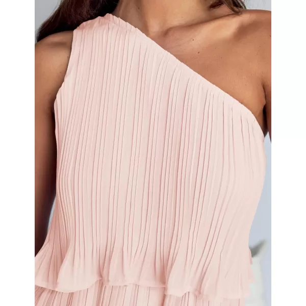 imageZESICA Womens 2024 Summer Sleeveless Mini Dress Boho One Shoulder Ruffle Tiered Layered Chiffon Flowy A Line DressesPink