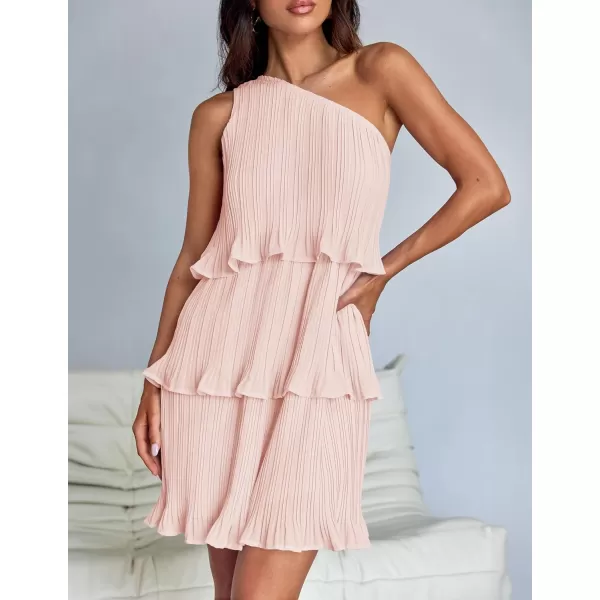 imageZESICA Womens 2024 Summer Sleeveless Mini Dress Boho One Shoulder Ruffle Tiered Layered Chiffon Flowy A Line DressesPink