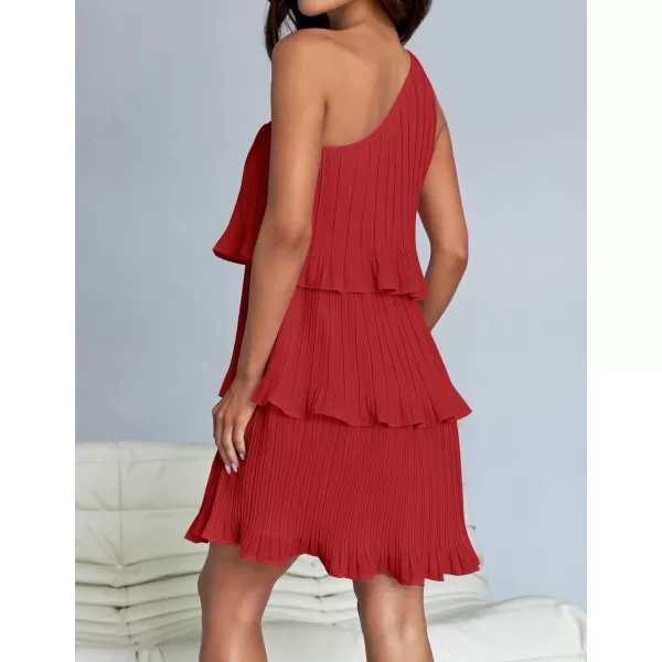 imageZESICA Womens 2024 Summer Sleeveless Mini Dress Boho One Shoulder Ruffle Tiered Layered Chiffon Flowy A Line DressesRed