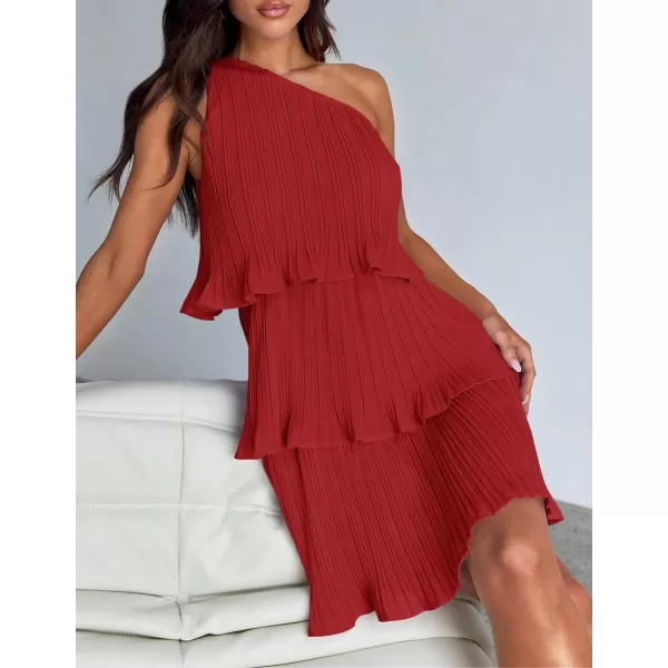 imageZESICA Womens 2024 Summer Sleeveless Mini Dress Boho One Shoulder Ruffle Tiered Layered Chiffon Flowy A Line DressesRed
