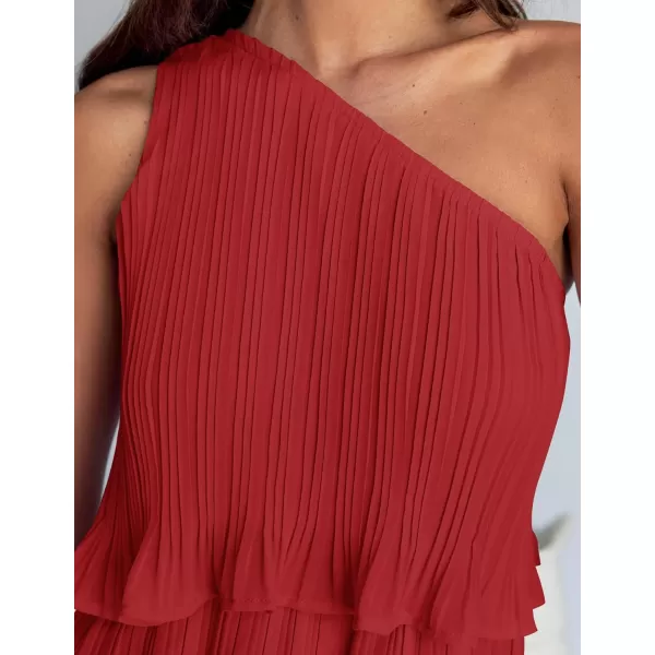 imageZESICA Womens 2024 Summer Sleeveless Mini Dress Boho One Shoulder Ruffle Tiered Layered Chiffon Flowy A Line DressesRed