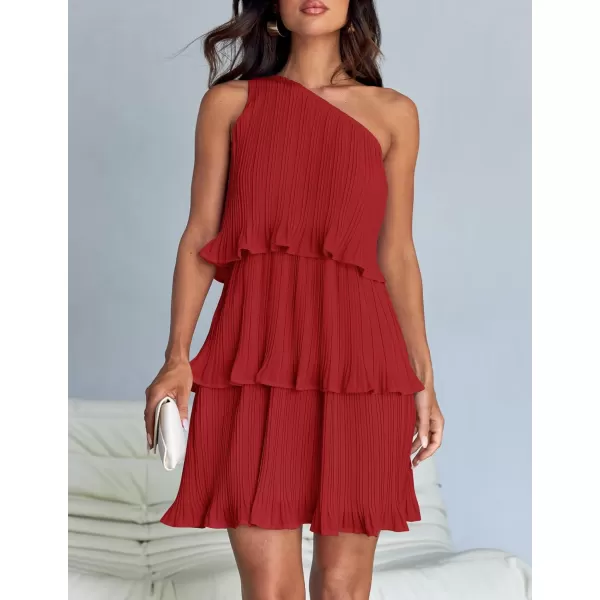 imageZESICA Womens 2024 Summer Sleeveless Mini Dress Boho One Shoulder Ruffle Tiered Layered Chiffon Flowy A Line DressesRed