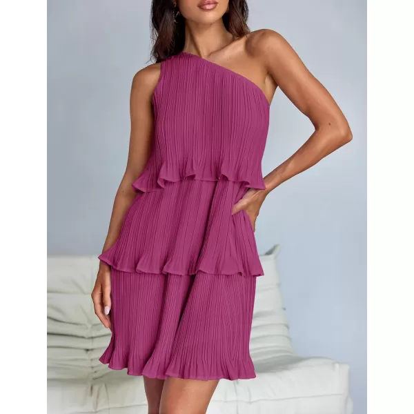 imageZESICA Womens 2024 Summer Sleeveless Mini Dress Boho One Shoulder Ruffle Tiered Layered Chiffon Flowy A Line DressesRose