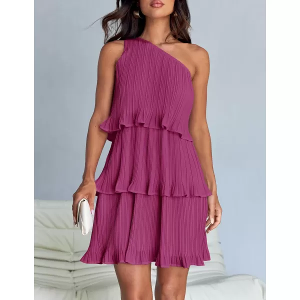 imageZESICA Womens 2024 Summer Sleeveless Mini Dress Boho One Shoulder Ruffle Tiered Layered Chiffon Flowy A Line DressesRose