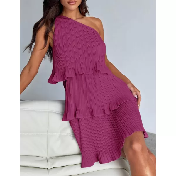 imageZESICA Womens 2024 Summer Sleeveless Mini Dress Boho One Shoulder Ruffle Tiered Layered Chiffon Flowy A Line DressesRose
