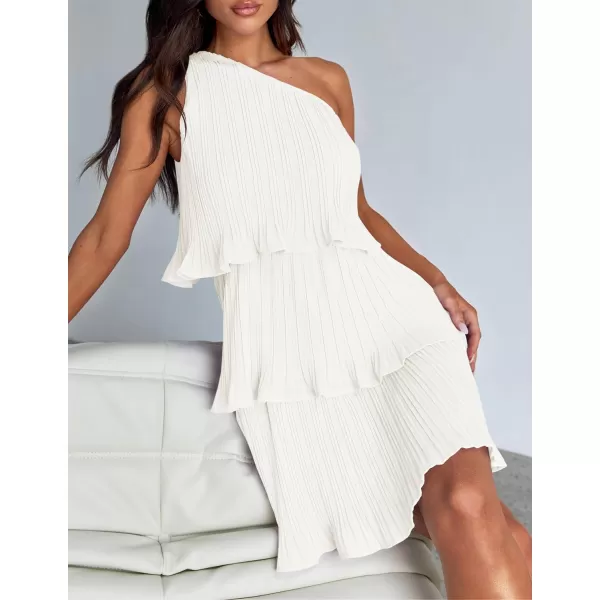 imageZESICA Womens 2024 Summer Sleeveless Mini Dress Boho One Shoulder Ruffle Tiered Layered Chiffon Flowy A Line DressesWhite
