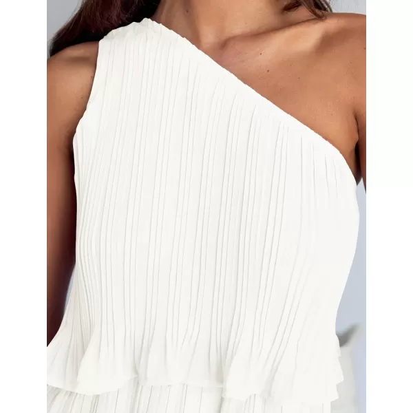 imageZESICA Womens 2024 Summer Sleeveless Mini Dress Boho One Shoulder Ruffle Tiered Layered Chiffon Flowy A Line DressesWhite