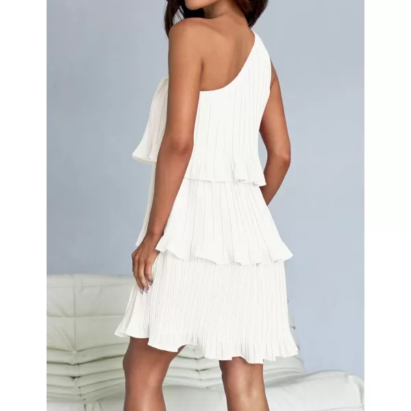 imageZESICA Womens 2024 Summer Sleeveless Mini Dress Boho One Shoulder Ruffle Tiered Layered Chiffon Flowy A Line DressesWhite