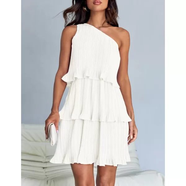 imageZESICA Womens 2024 Summer Sleeveless Mini Dress Boho One Shoulder Ruffle Tiered Layered Chiffon Flowy A Line DressesWhite