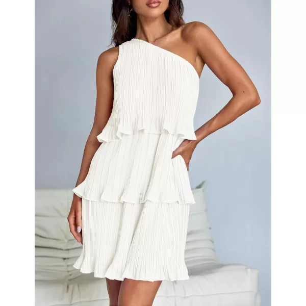imageZESICA Womens 2024 Summer Sleeveless Mini Dress Boho One Shoulder Ruffle Tiered Layered Chiffon Flowy A Line DressesWhite