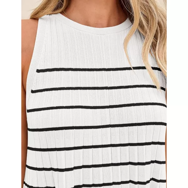 imageZESICA Womens 2024 Summer Sleeveless Tank Dress Crewneck Striped Knit Pleated A Line Casual Short Mini DressesBeige