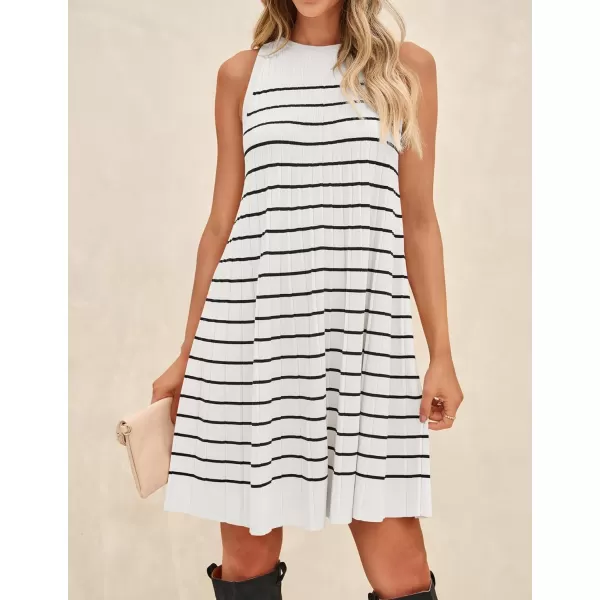 imageZESICA Womens 2024 Summer Sleeveless Tank Dress Crewneck Striped Knit Pleated A Line Casual Short Mini DressesBeige