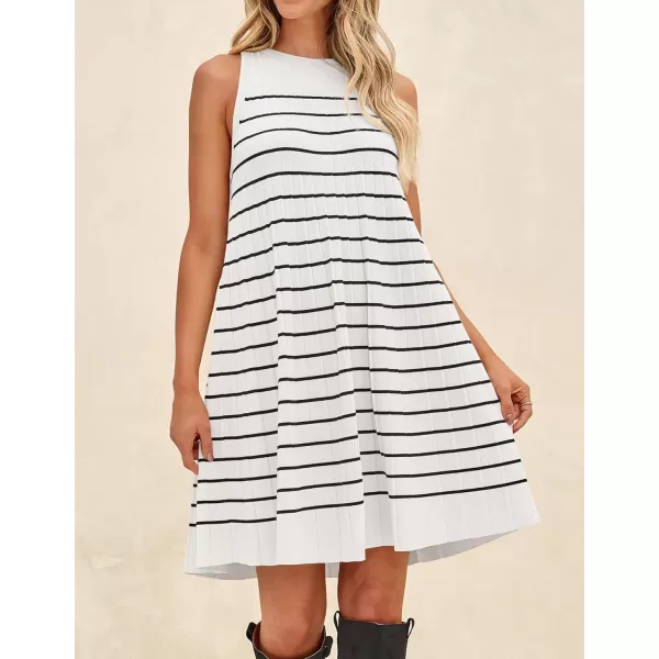 imageZESICA Womens 2024 Summer Sleeveless Tank Dress Crewneck Striped Knit Pleated A Line Casual Short Mini DressesBeige