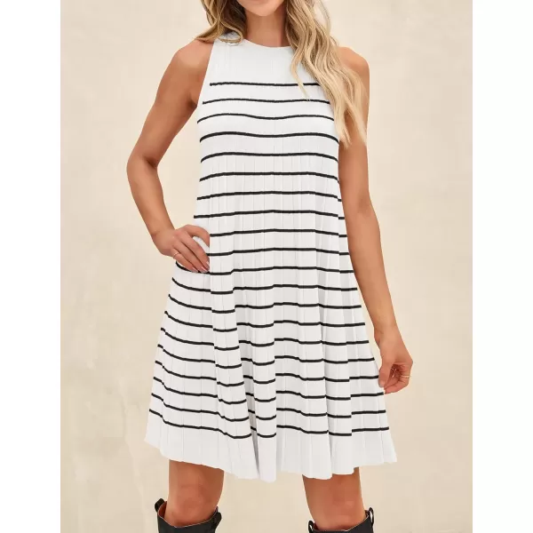 imageZESICA Womens 2024 Summer Sleeveless Tank Dress Crewneck Striped Knit Pleated A Line Casual Short Mini DressesBeige