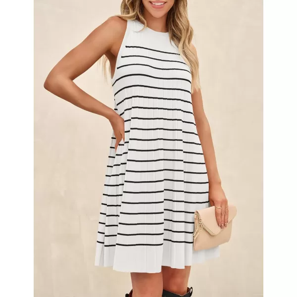 imageZESICA Womens 2024 Summer Sleeveless Tank Dress Crewneck Striped Knit Pleated A Line Casual Short Mini DressesBeige