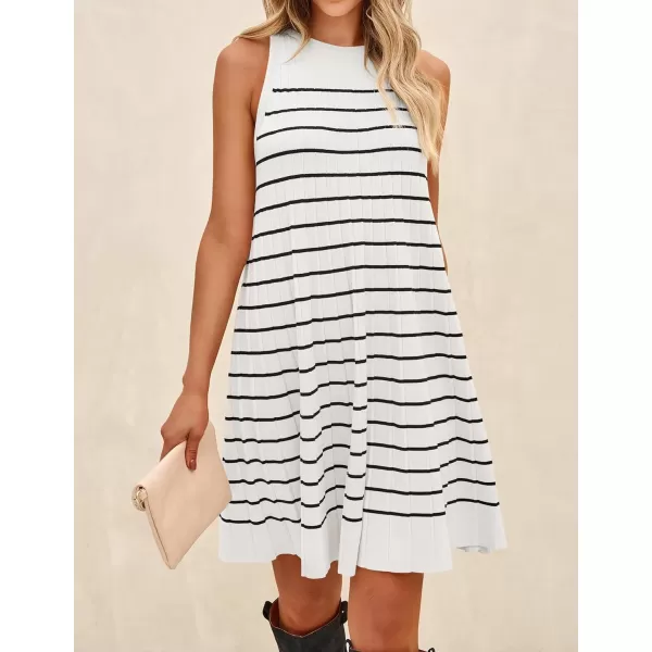 imageZESICA Womens 2024 Summer Sleeveless Tank Dress Crewneck Striped Knit Pleated A Line Casual Short Mini DressesBeige