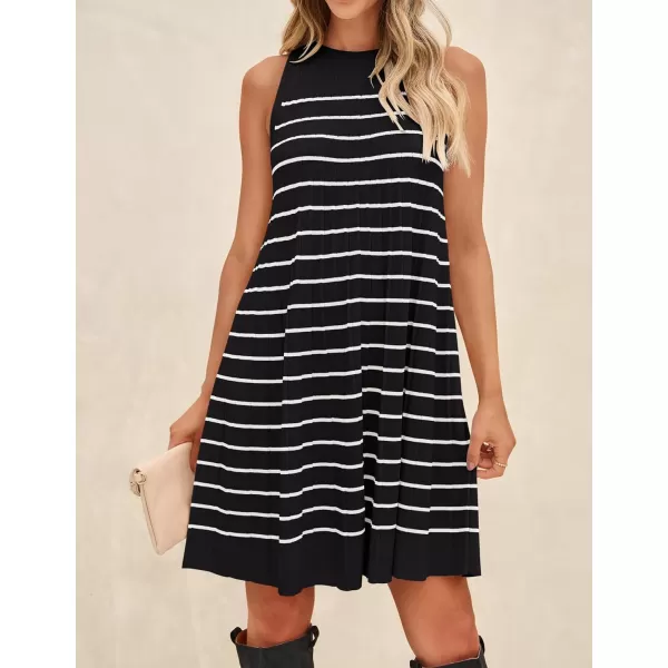 imageZESICA Womens 2024 Summer Sleeveless Tank Dress Crewneck Striped Knit Pleated A Line Casual Short Mini DressesBlack