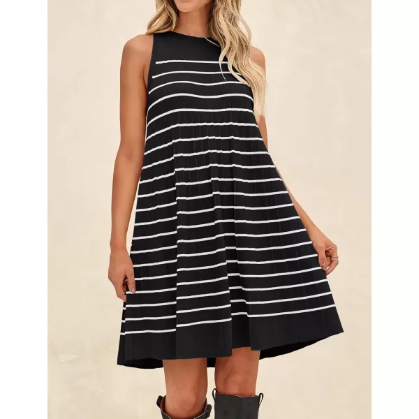imageZESICA Womens 2024 Summer Sleeveless Tank Dress Crewneck Striped Knit Pleated A Line Casual Short Mini DressesBlack