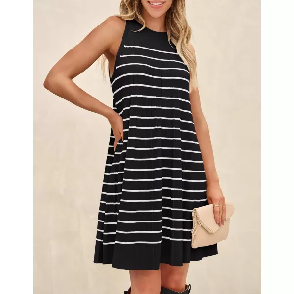 imageZESICA Womens 2024 Summer Sleeveless Tank Dress Crewneck Striped Knit Pleated A Line Casual Short Mini DressesBlack